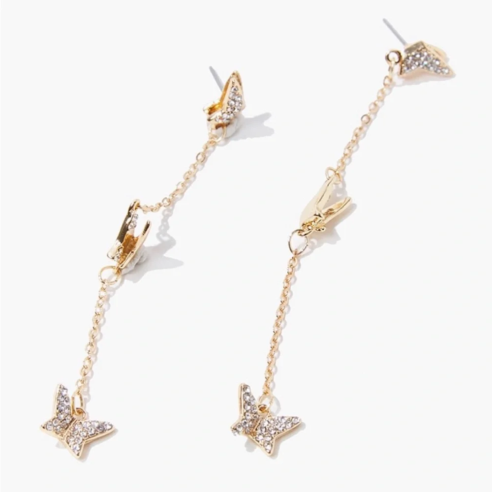 Gold 3 Inch Long Dangle Boho Butterfly Earrings With Crystal Gemstones~ New - Picture 1 of 8